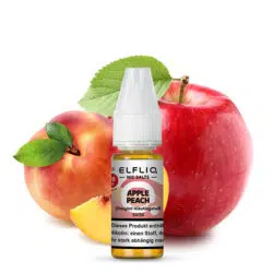 Elfbar Elfliq Nic Salts Liquid Flasche mit Apple Peach Geschmack vor frischen Früchten.