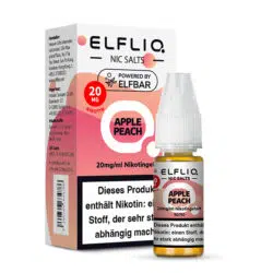 Elfbar Elfliq Nic Salts Liquid Apple Peach Geschmack, Produkt- und Verpackungsansicht.