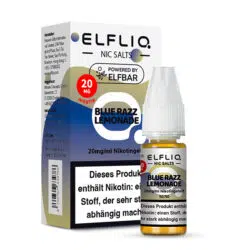 Elfbar Elfliq Nic Salts Liquid Blue Razz Lemonade Geschmack, Produkt- und Verpackungsansicht.