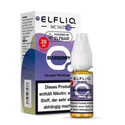 Elfbar Elfliq Nic Salts Liquid Blueberry Geschmack, Produkt- und Verpackungsansicht.