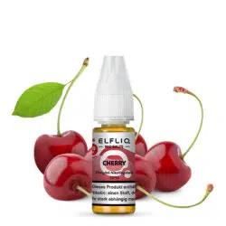 Elfbar Elfliq Nic Salts Liquid Flasche mit Cherry Geschmack vor frischen Früchten.