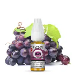 Elfbar Elfliq Nic Salts Liquid Flasche mit Grape Geschmack vor frischen Früchten.
