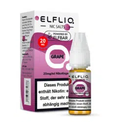 Elfbar Elfliq Nic Salts Liquid Grape Geschmack, Produkt- und Verpackungsansicht.