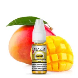 Elfbar Elfliq Nic Salts Liquid Flasche mit Mango Geschmack vor frischen Früchten.
