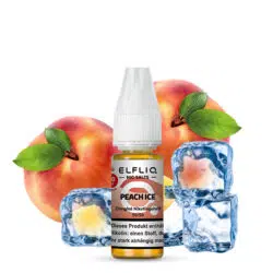 Elfbar Elfliq Nic Salts Liquid Flasche mit Peach Ice Geschmack vor frischen Früchten.