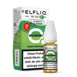 Elfbar Elfliq Nic Salts Liquid Spearmint Geschmack, Produkt- und Verpackungsansicht.