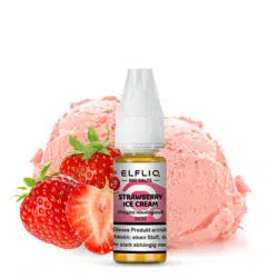 Elfbar Elfliq Nic Salts Liquid Flasche mit Strawberry Ice Cream Geschmack vor frischen Früchten.