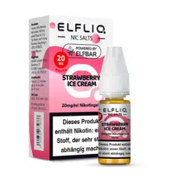 Elfbar Elfliq Nic Salts Liquid Strawberry Ice Cream Geschmack, Produkt- und Verpackungsansicht.