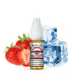 Elfbar Elfliq Nic Salts Liquid Flasche mit Strawberry Ice Geschmack vor frischen Früchten.