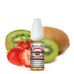 Elfbar Elfliq Nic Salts Liquid Flasche mit Strawberry Kiwi Geschmack vor frischen Früchten.