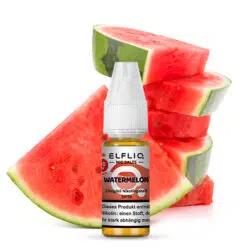 Elfbar Elfliq Nic Salts Liquid Flasche mit Watermelon Geschmack vor frischen Früchten.