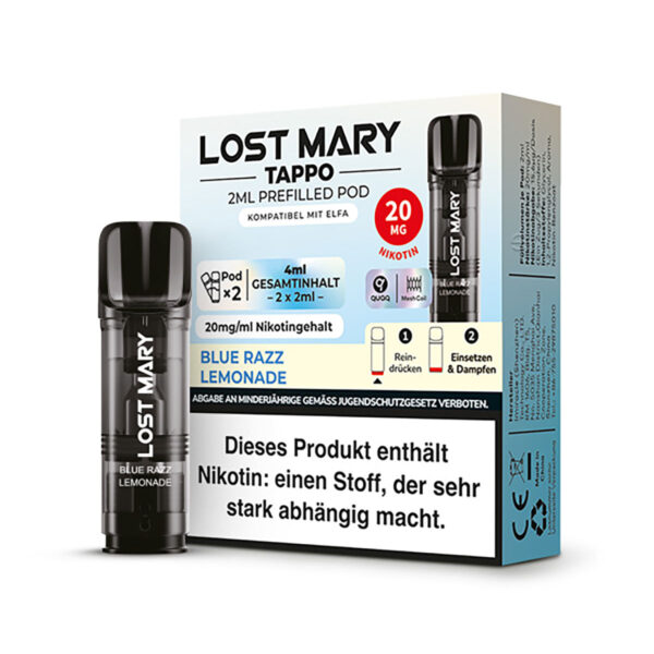 Verpackung und Vape-Pod von Lost Mary Tappo mit Blue Razz Lemonade Geschmack, Warnhinweis auf Nikotininhalt sichtbar.