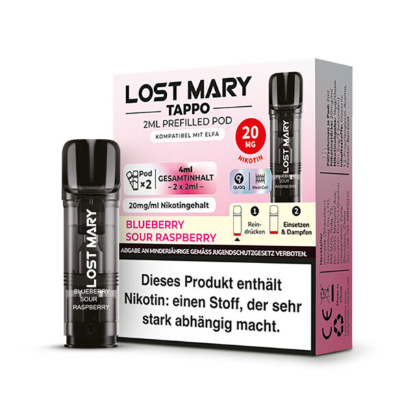 Verpackung der Lost Mary Tappo Pods Blueberry Sour Raspberry mit Warnhinweis.