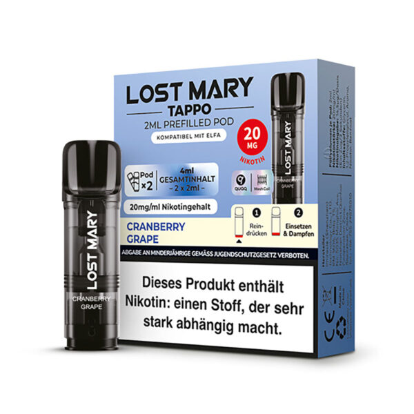 Verpackung der Lost Mary Tappo Pods Cranberry Grape mit Produktinformationen.