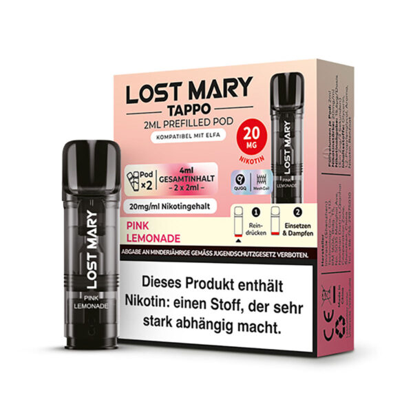 Verpackung der Lost Mary Tappo Pods Pink Lemonade.