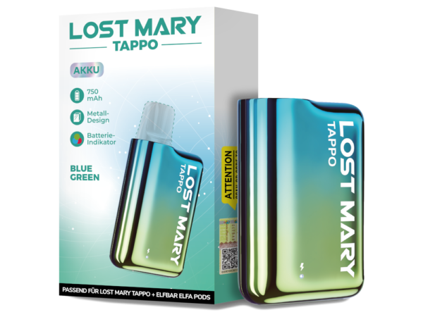 Lost Mary Tappo Vape-Gerät in einem einzigartigen Blau-Grün, modern und leistungsstark.